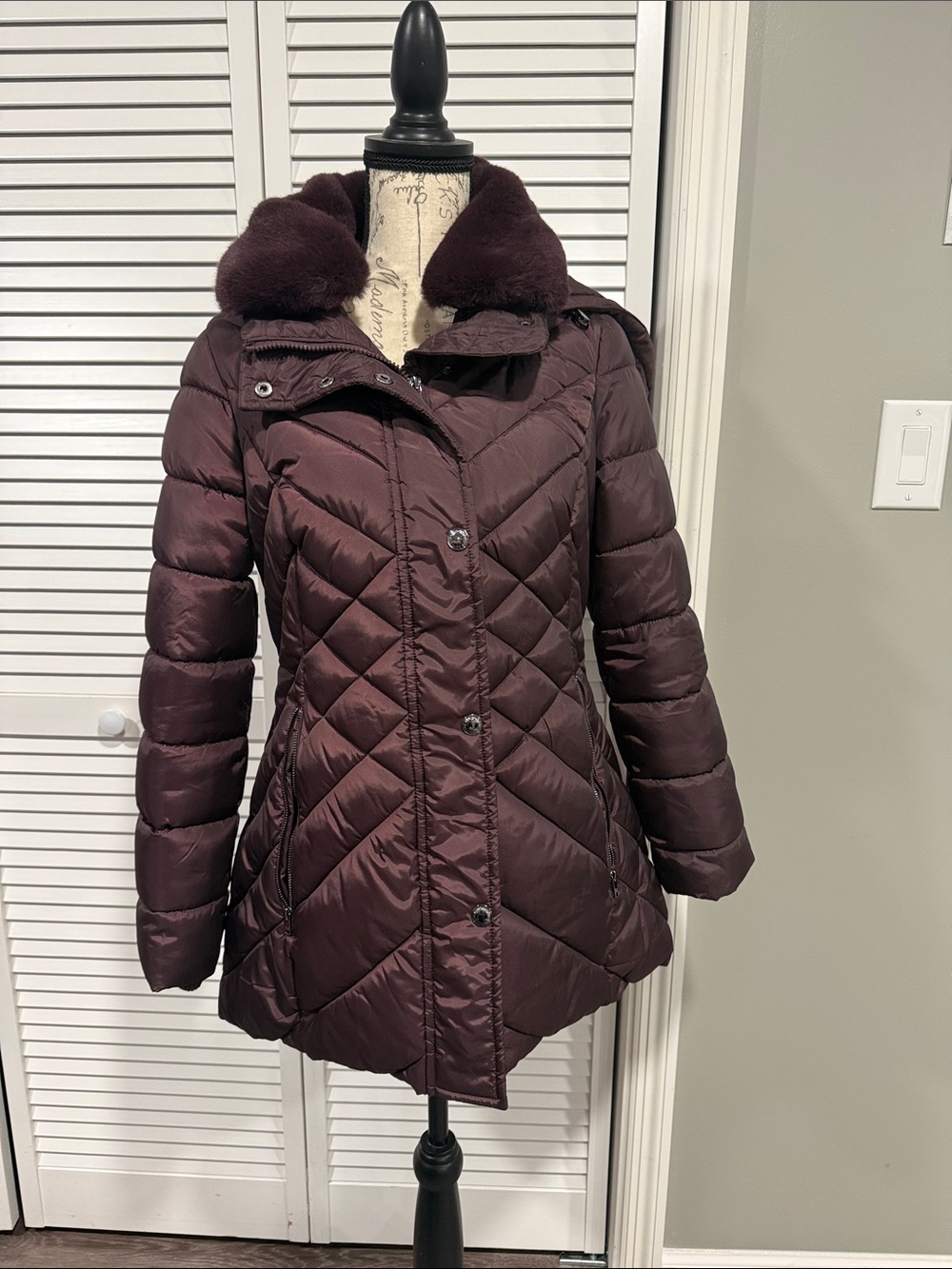 London Fog Quilted Faux-Fur Collar Puffer Coat - Plum